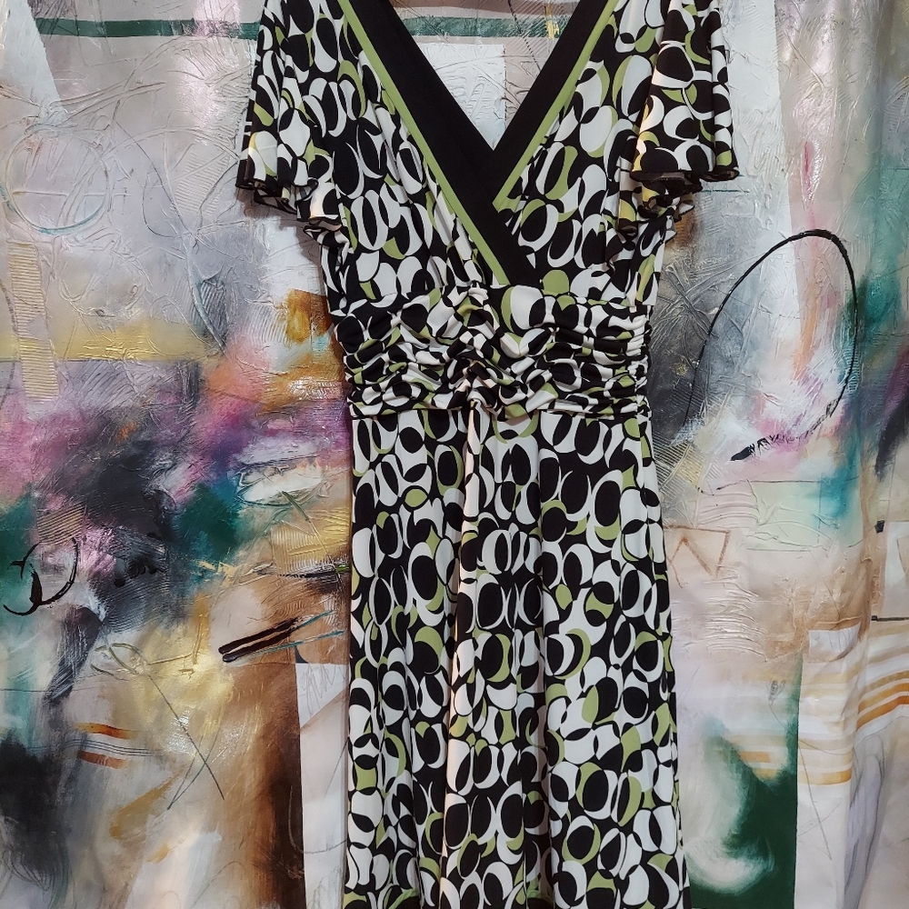 Studio I Black White and Lime Green Geometric Midi Dress